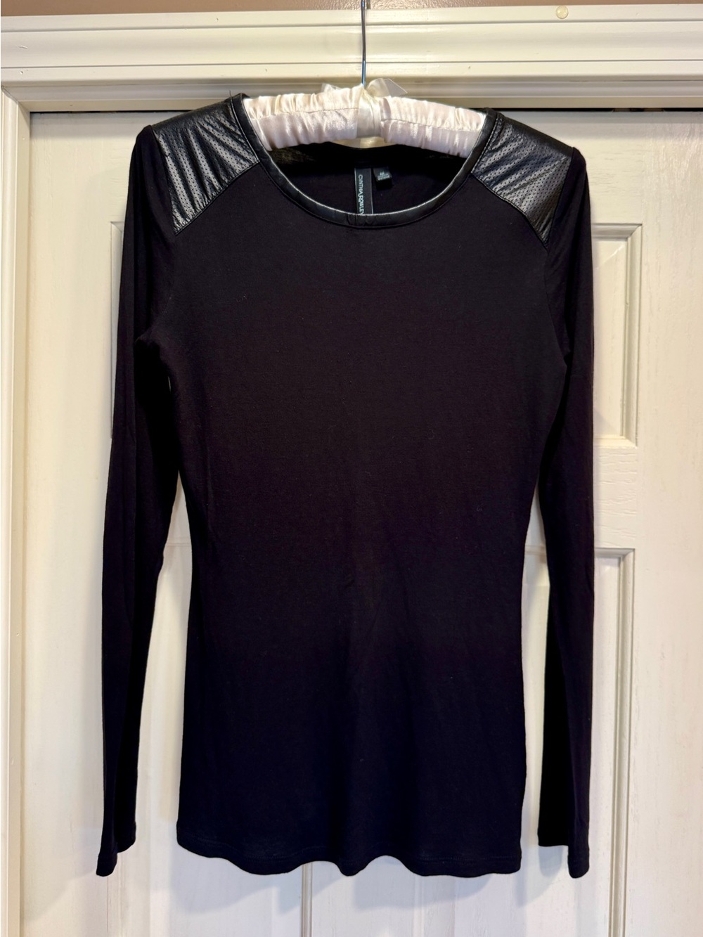 Cynthia Rowley Black Long-Sleeve Crewneck Top with Faux Leather Shoulder Panels